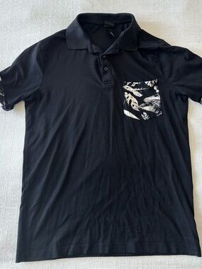 Men's Black Polo Shirt with Patterned Chest Pocket